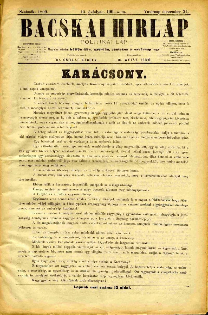 Bácskai Hirlap, 3. évf. 1899. december 24. 199. sz.