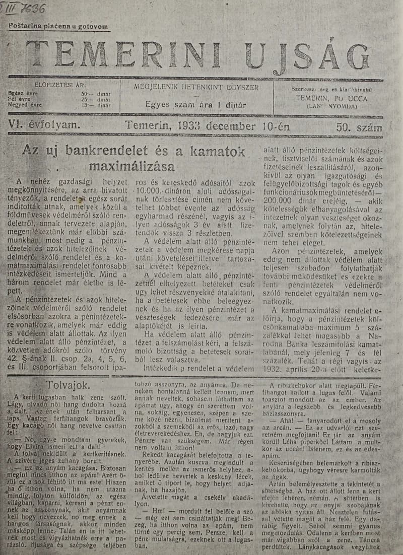 Temerini Újság 1928-1944, 6. évf. 1933. december 10. 50. sz.