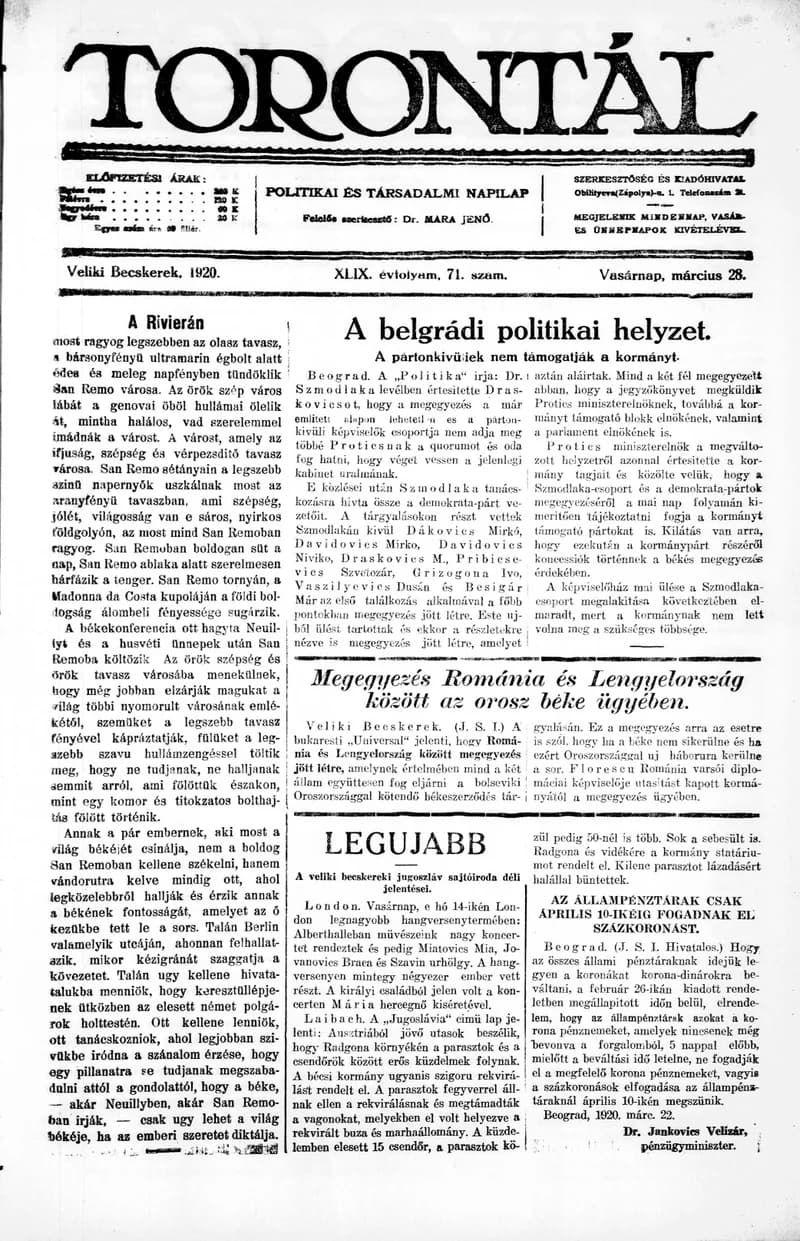 Torontál, 49. évf. 1920. március 28. 71. sz.