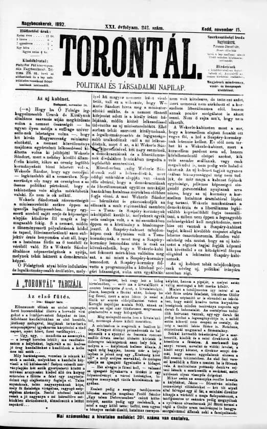Torontál, 21. évf. 1892. november 15. 242. sz.