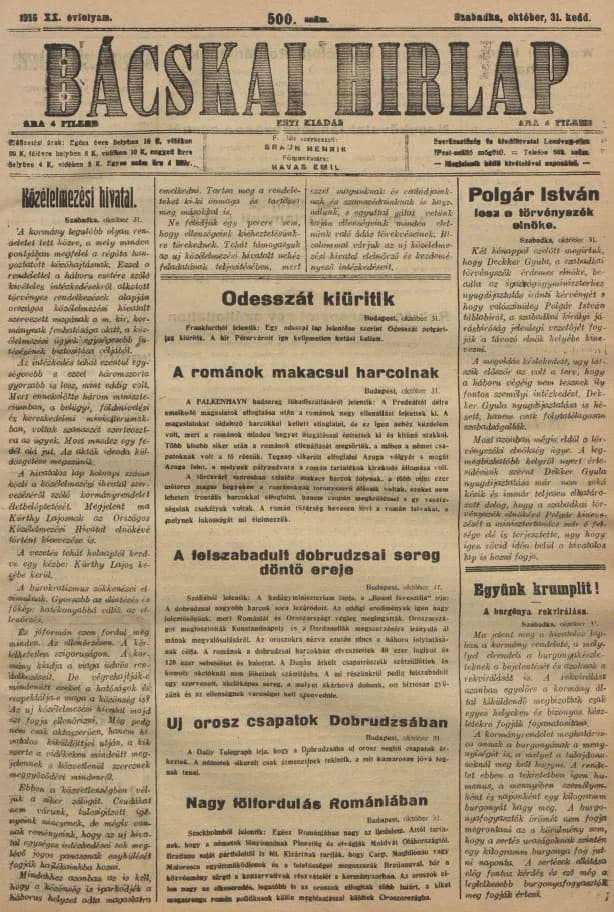 Bácskai Hirlap, 20. évf. 1916. október 31. 500. sz.