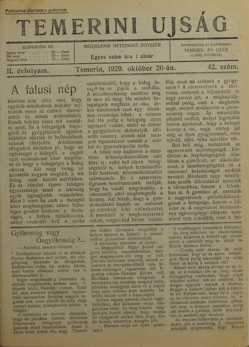 Temerini Újság 1928-1944, 2. évf. 1929. október 20. 42. sz.