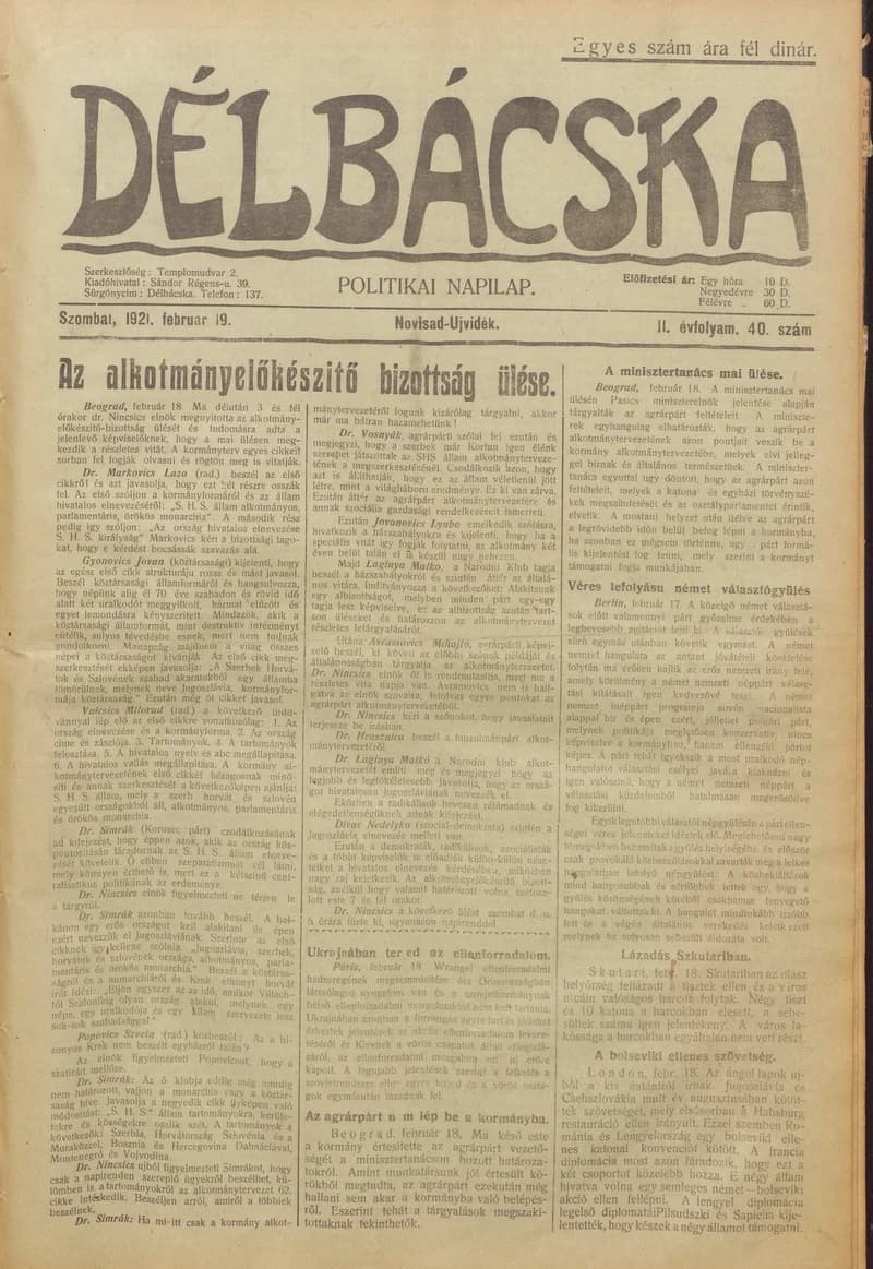 Délbácska, 2. évf. 1921. február 19. 40. sz.