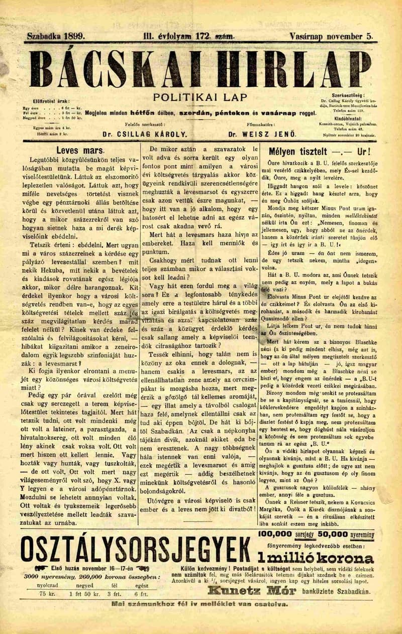 Bácskai Hirlap, 3. évf. 1899. november 5. 172. sz.
