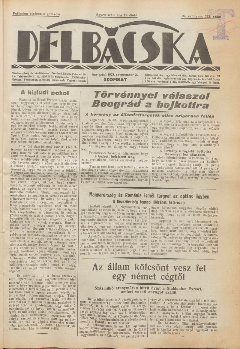 Délbácska, 9. évf. 1928. szeptember 22. 222. sz.