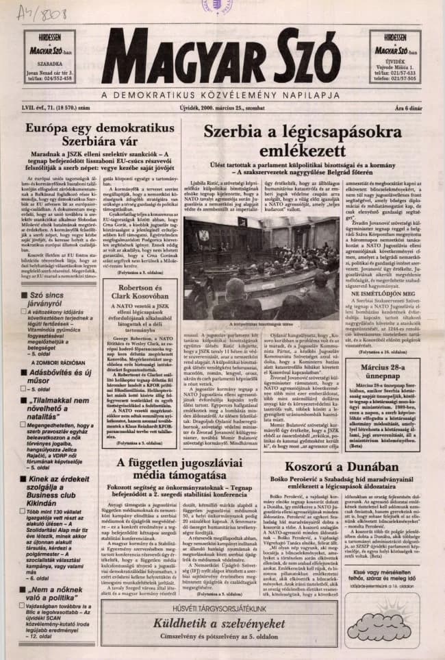 Magyar Szó, 57. évf. 2000. március 25. 71. sz. 1–16. oldal