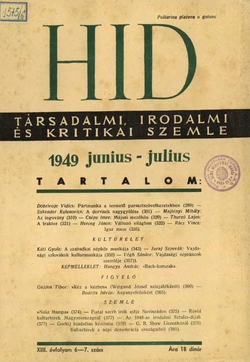 Híd, 13. évf. 1949. június – július. 6–7. sz. 289–382. oldal