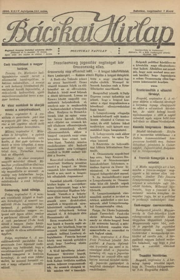 Bácskai Hirlap, 24. évf. 1920. szeptember 7. 145. sz.