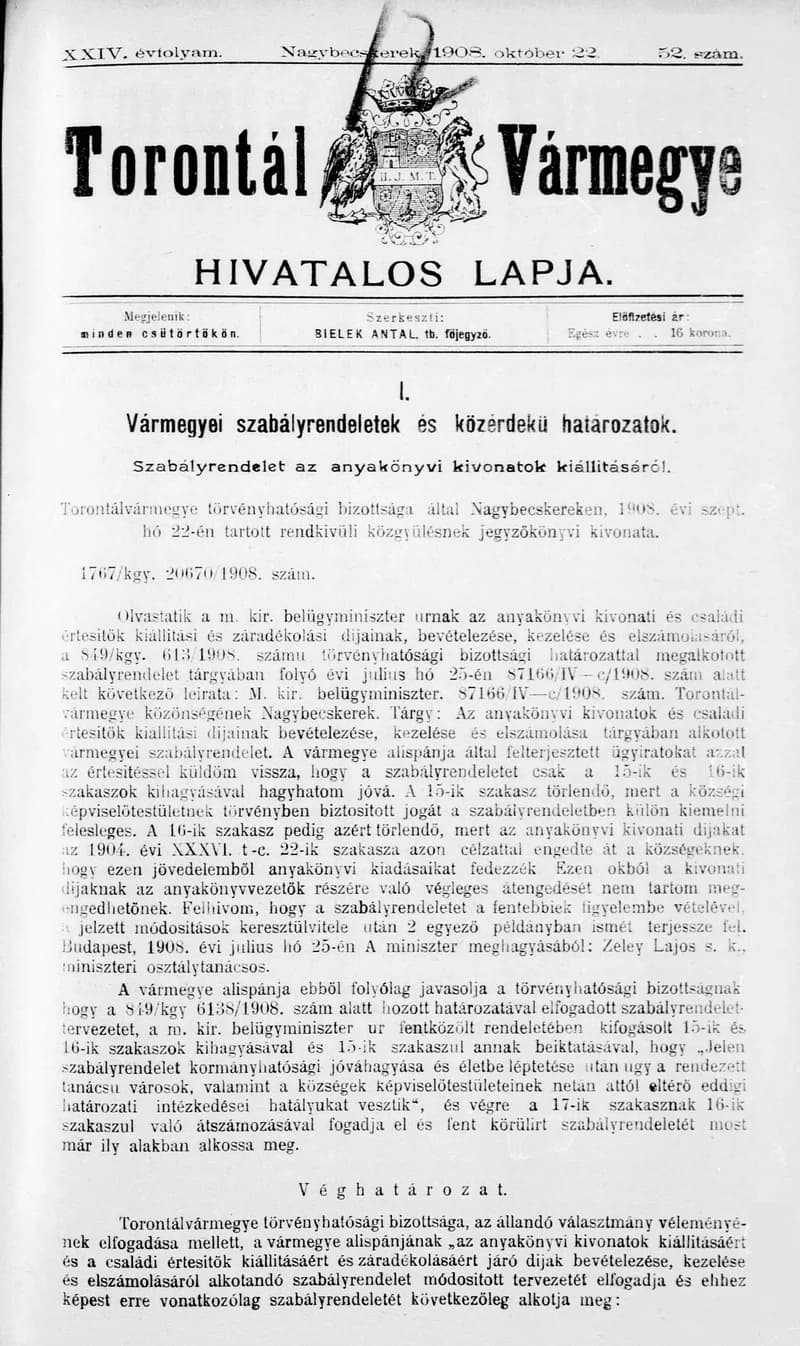 Torontál Vármegye Hivatalos Lapja, 24. évf. 1908. október 22. 52. sz.