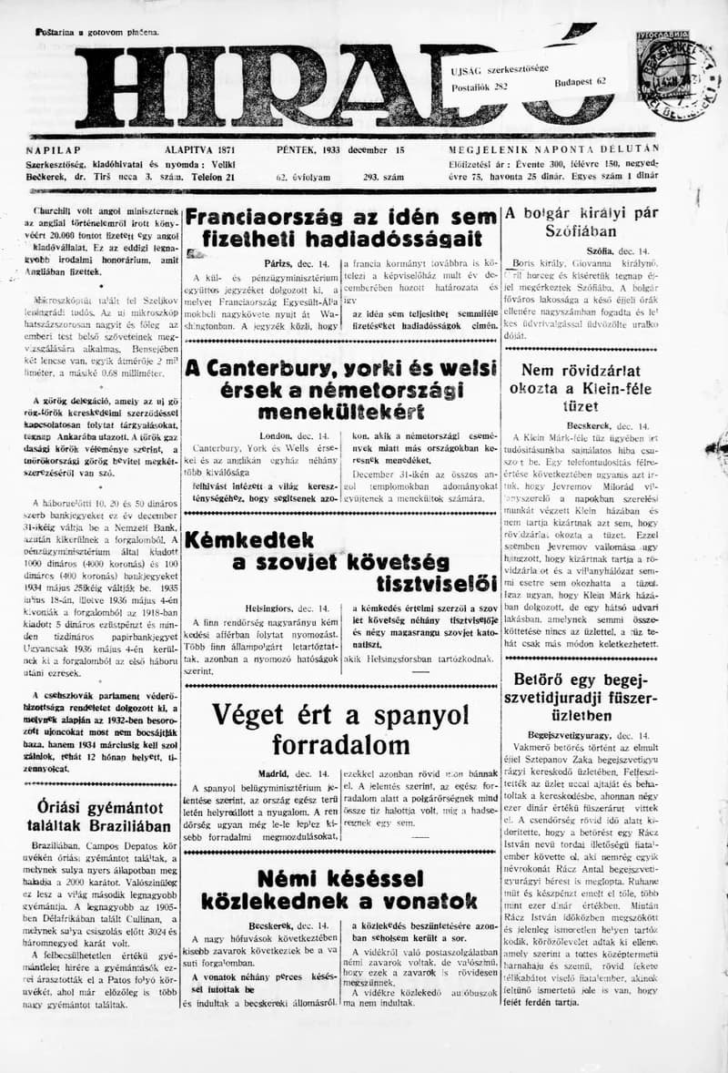 Híradó, 62. évf. 1933. december 15. 293. sz.