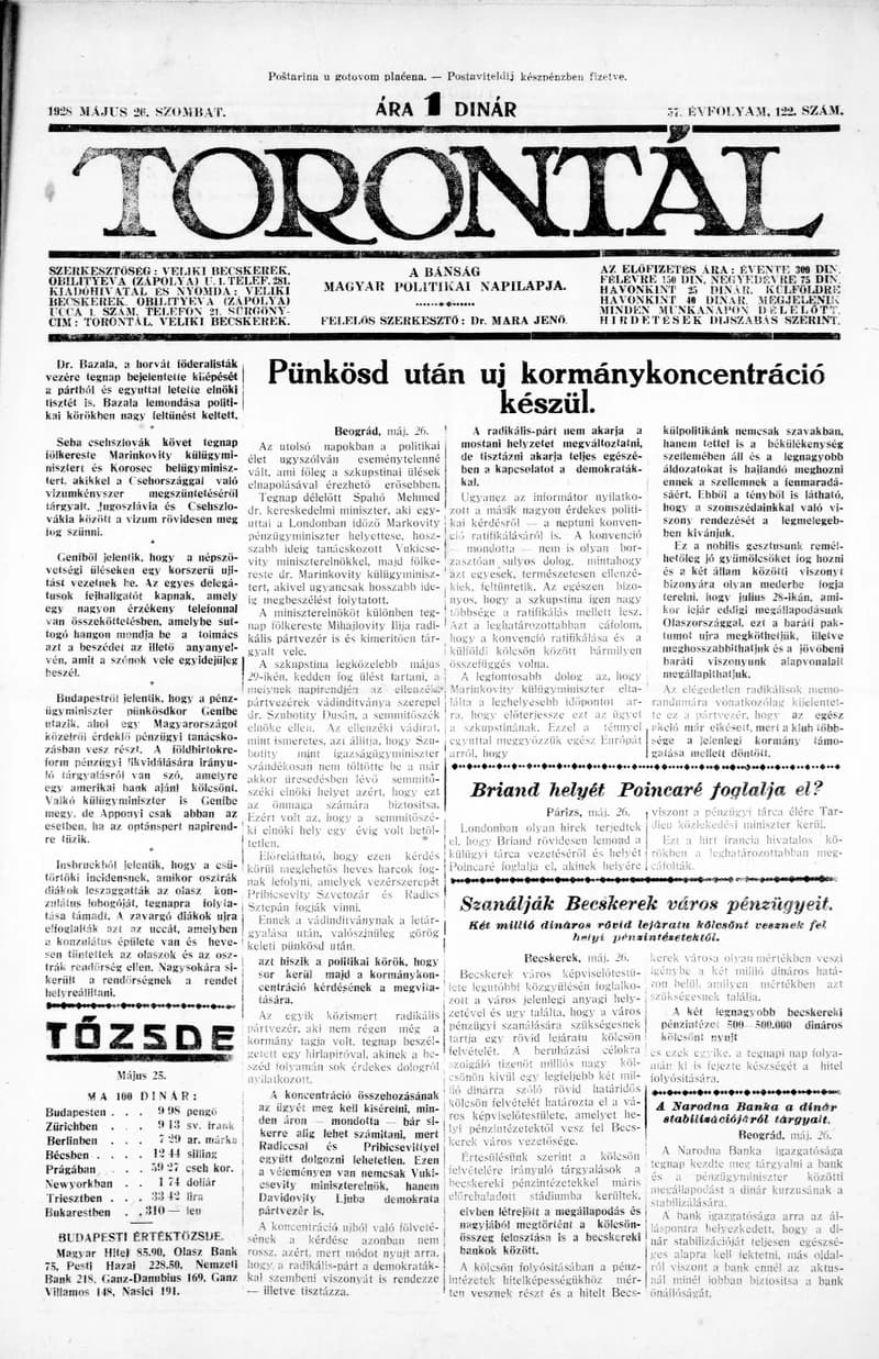 Torontál, 57. évf. 1928. május 26. 122. sz.