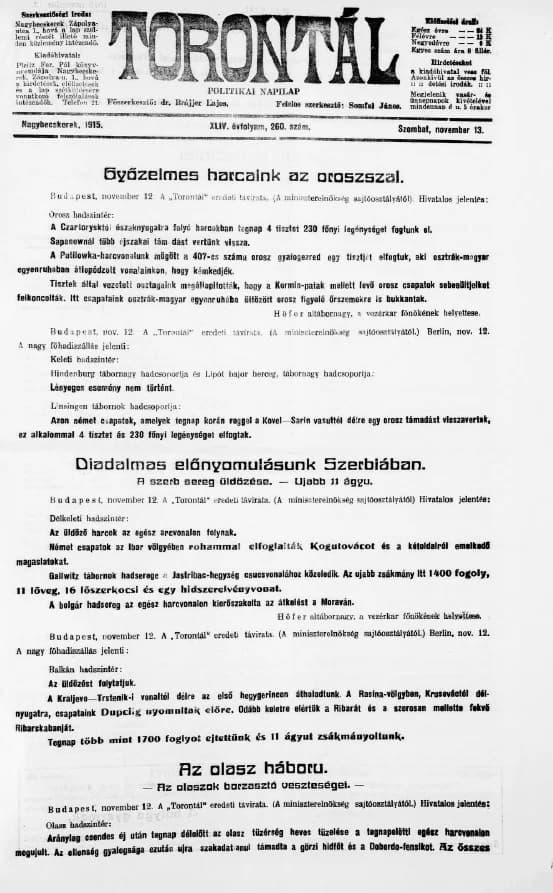 Torontál, 44. évf. 1915. november 13. 260. sz.