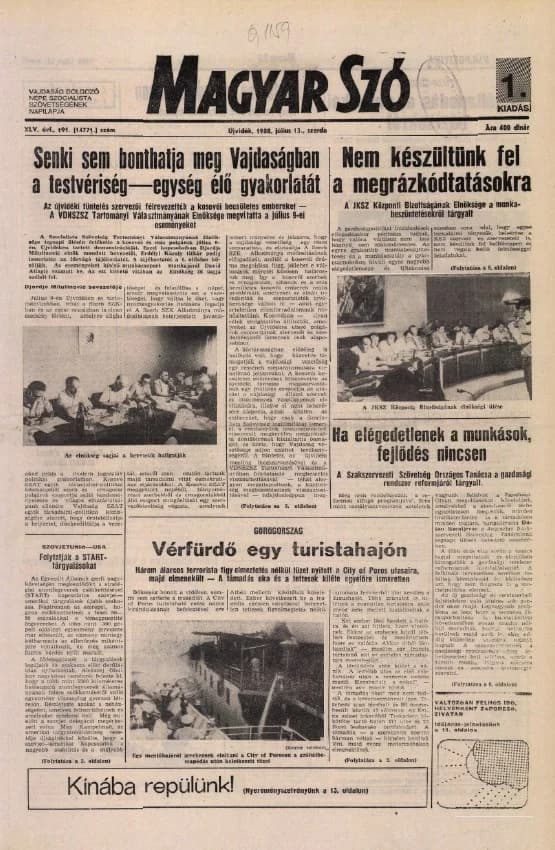 Magyar Szó, 45. évf. 1988. július 13. 191. sz. 1–20. oldal