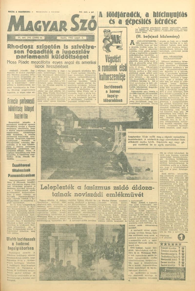 Magyar Szó, 9. évf. 1952. szeptember 2. 210. sz. 1–10. oldal