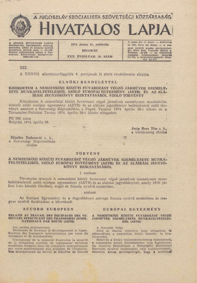 A Jugoszláv Szocialista Szövetségi Köztársaság Hivatalos Lapja, 30. évf. 1974. június 13. 30. sz. 1029–1076. oldal