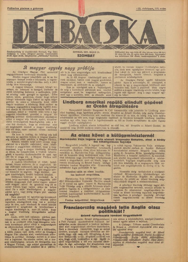 Délbácska, 8. évf. 1927. május 21. 118. sz.