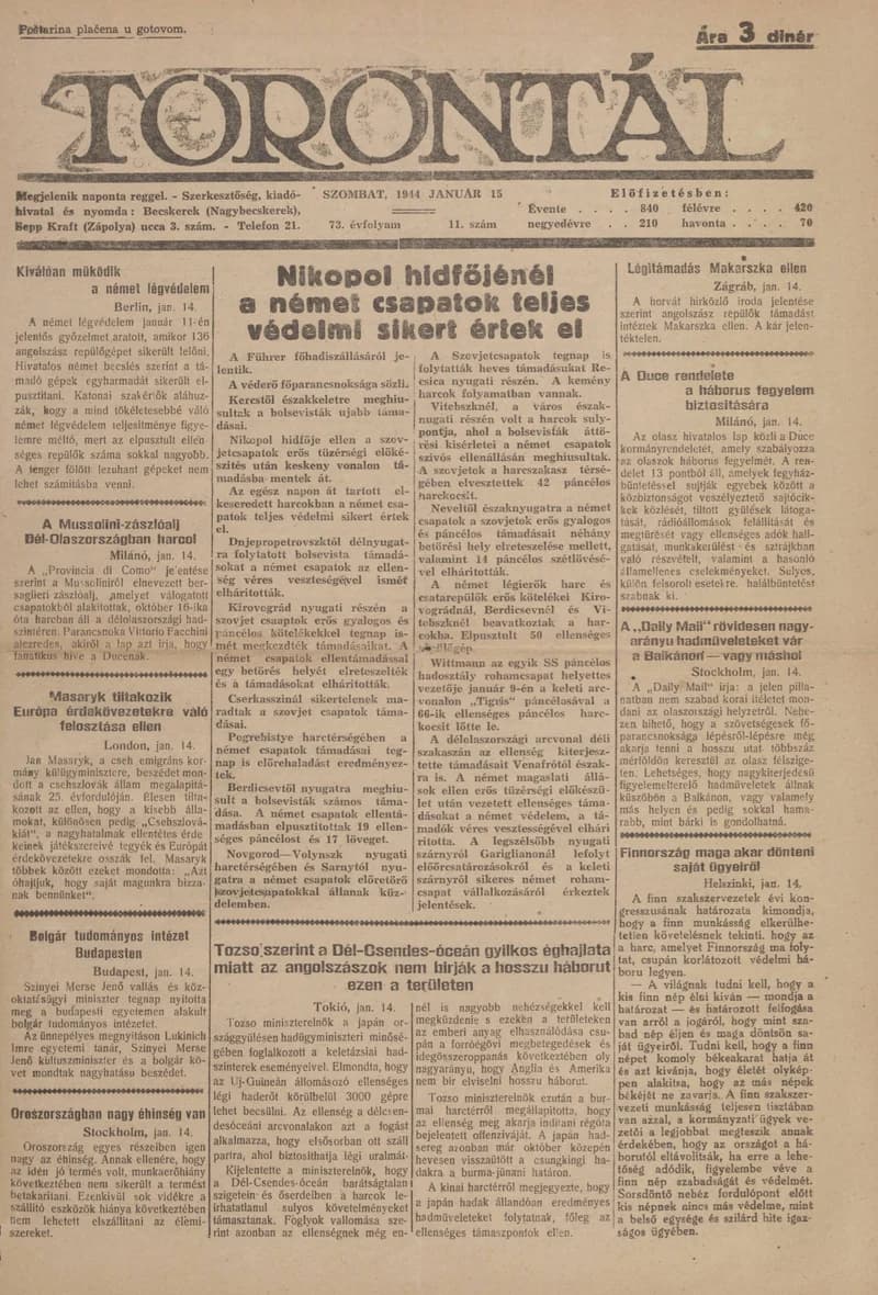 Torontál, 73. évf. 1944. január 15. 11. sz.