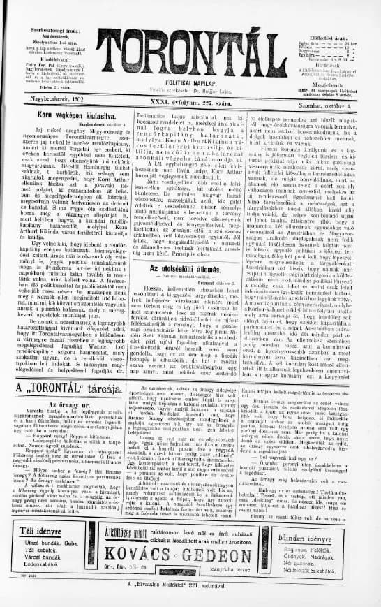 Torontál, 31. évf. 1902. október 4. 227. sz.