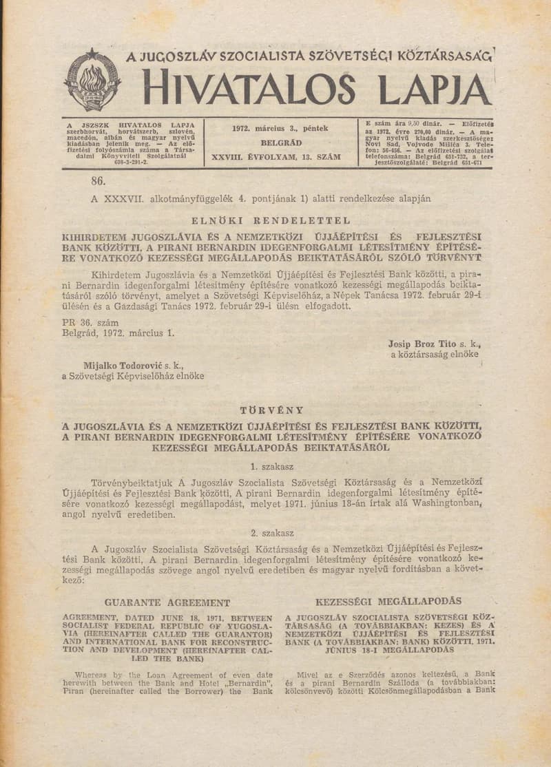 A Jugoszláv Szocialista Szövetségi Köztársaság Hivatalos Lapja, 28. évf. 1972. március 3. 13. sz. 265–340. oldal