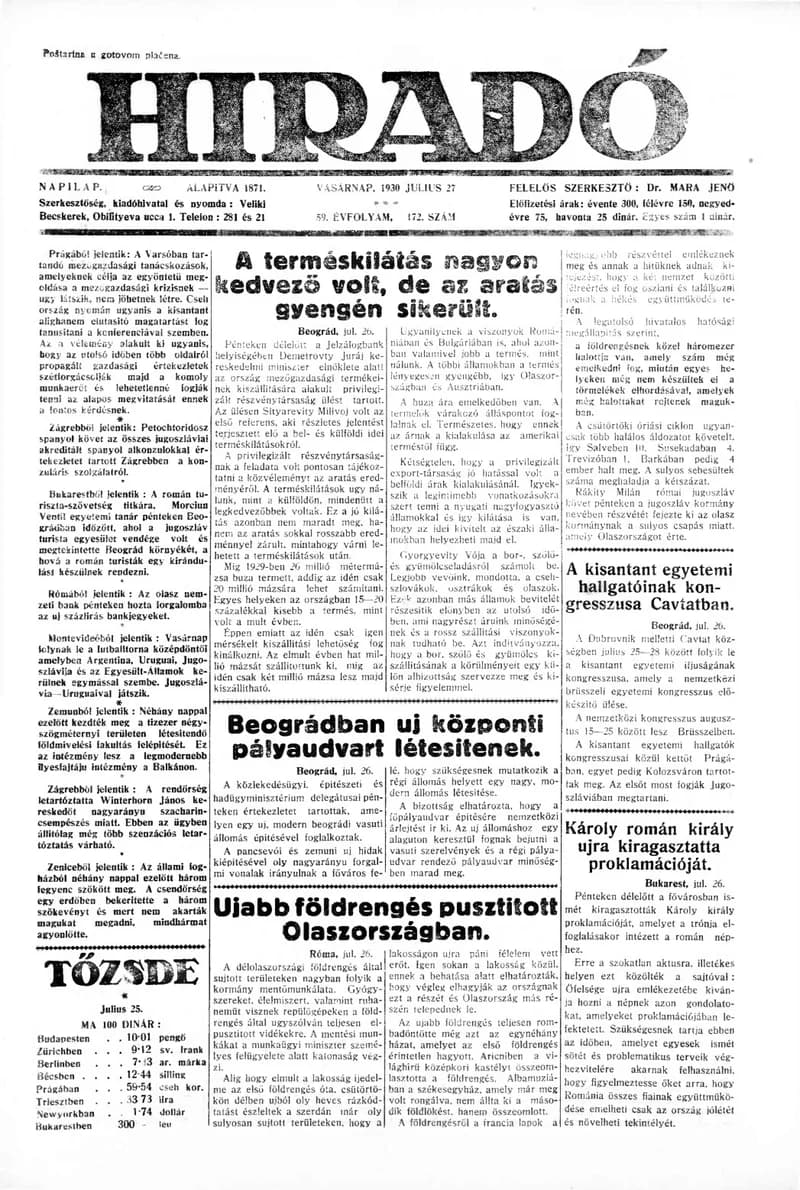 Híradó, 59. évf. 1930. július 27. 172. sz.
