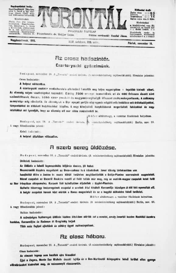 Torontál, 44. évf. 1915. november 19. 265. sz.