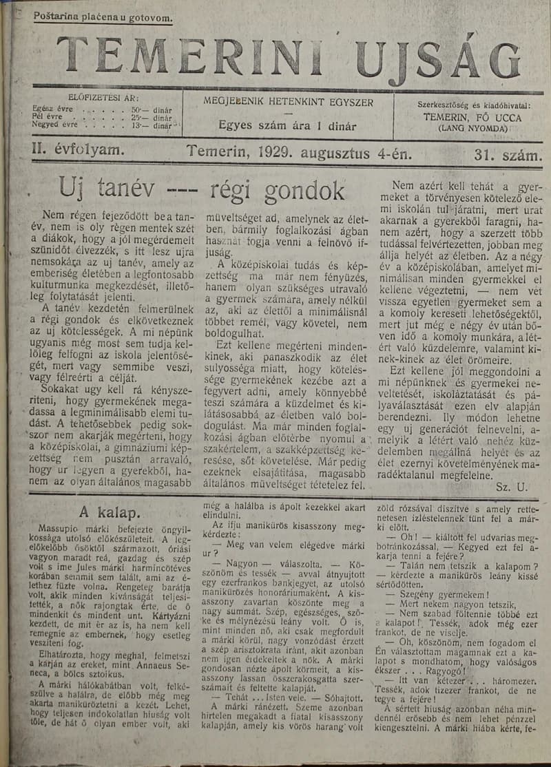 Temerini Újság 1928-1944, 2. évf. 1929. augusztus 4. 31. sz.