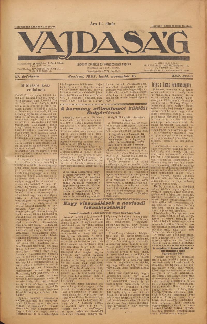 Vajdaság, 3. évf. 1923. november 6. 252. sz.