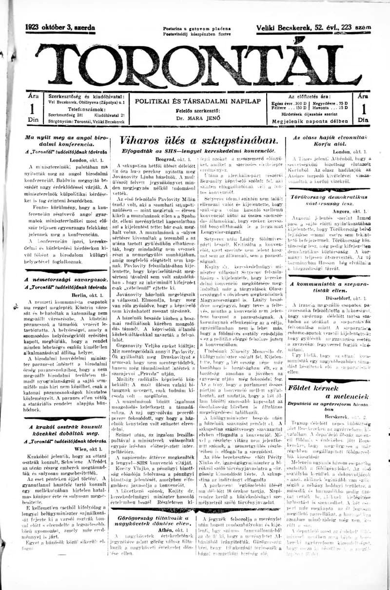 Torontál, 52. évf. 1923. október 3. 223. sz.