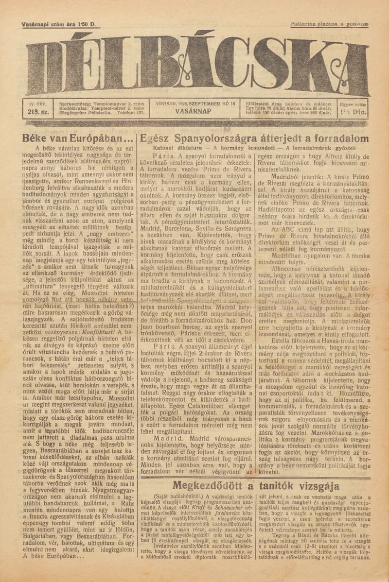 Délbácska, 4. évf. 1923. szeptember 16. 213. sz.
