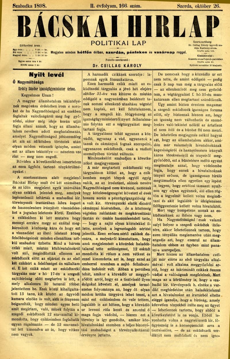 Bácskai Hirlap, 2. évf. 1898. október 26. 166. sz. 1–4. oldal
