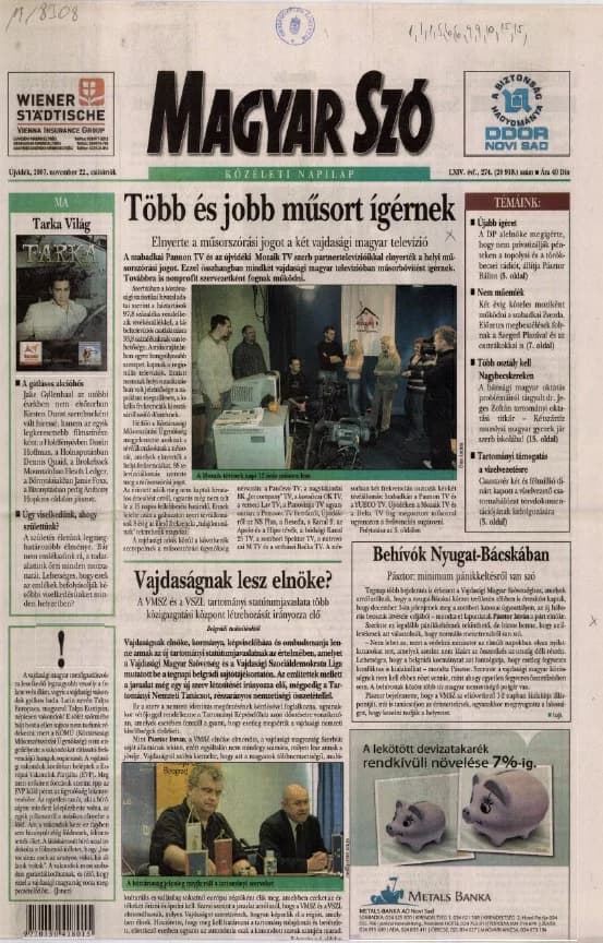 Magyar Szó, 64. évf. 2007. november 22. 274. sz. 1–20. oldal