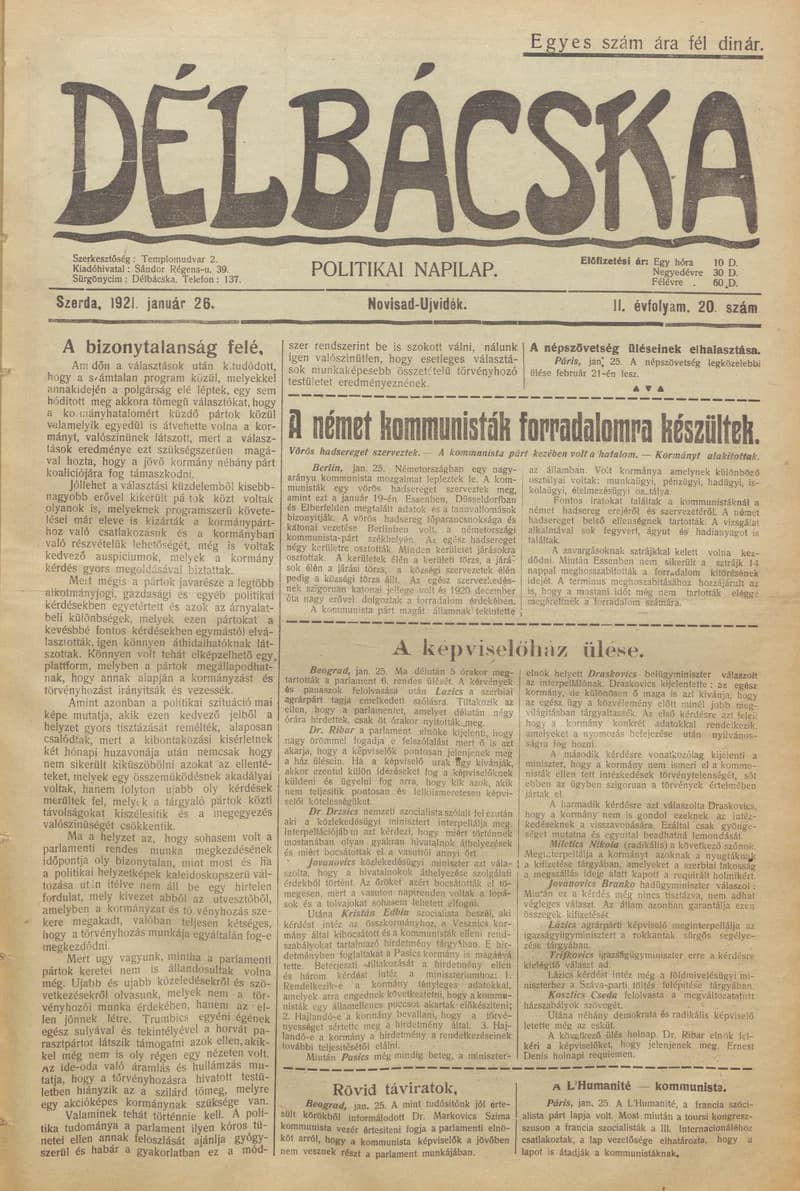 Délbácska, 2. évf. 1921. január 26. 20. sz.