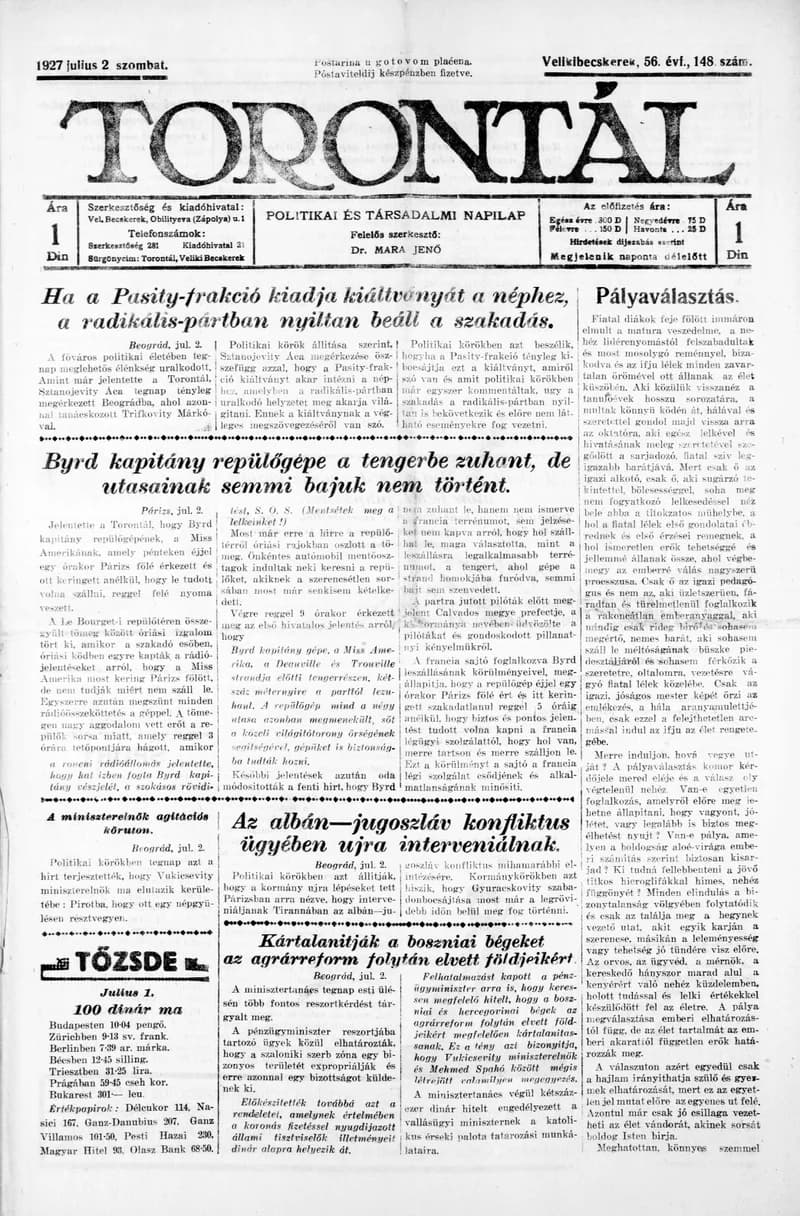 Torontál, 56. évf. 1927. július 2. 148. sz.