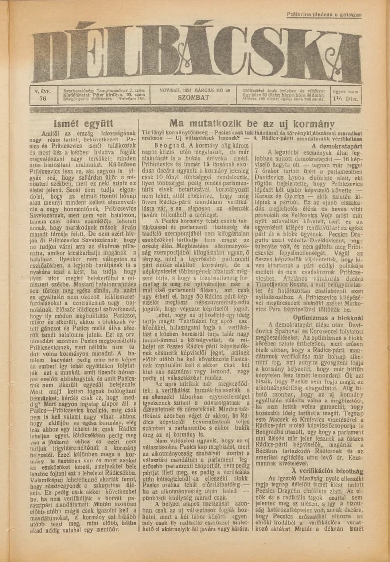 Délbácska, 5. évf. 1924. március 29. 76. sz.