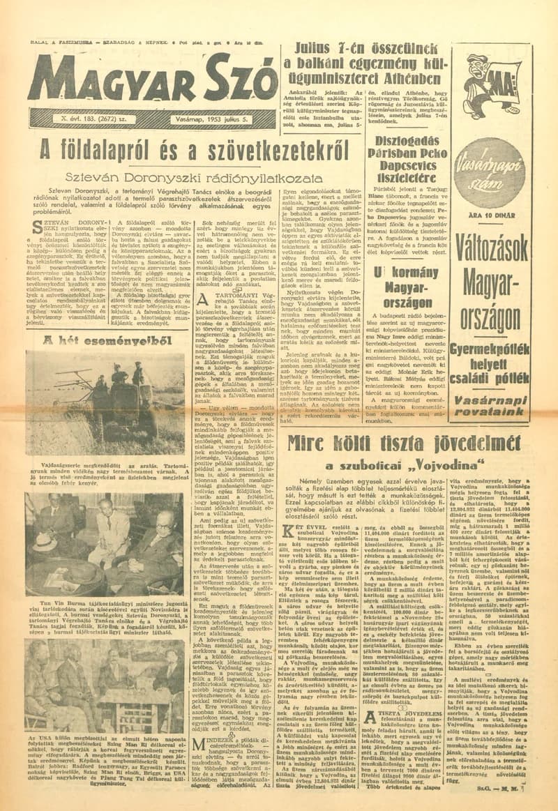 Magyar Szó, 10. évf. 1953. július 5. 183. sz. 1–14. oldal
