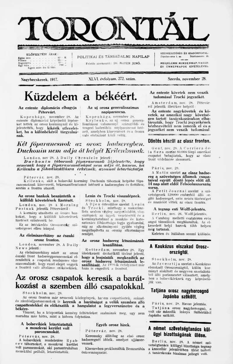 Torontál, 46. évf. 1917. november 28. 272. sz.