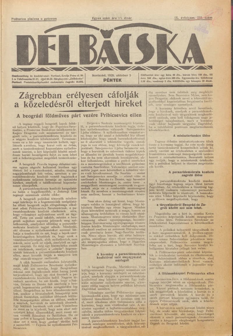 Délbácska, 9. évf. 1928. október 5. 233. sz.