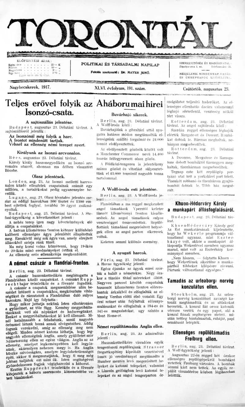 Torontál, 46. évf. 1917. augusztus 23. 191. sz.