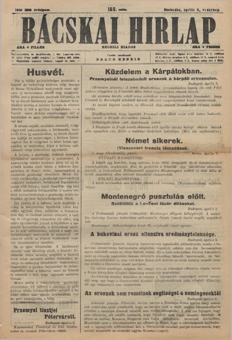 Bácskai Hirlap, 19. évf. 1915. április 4. 153. sz.