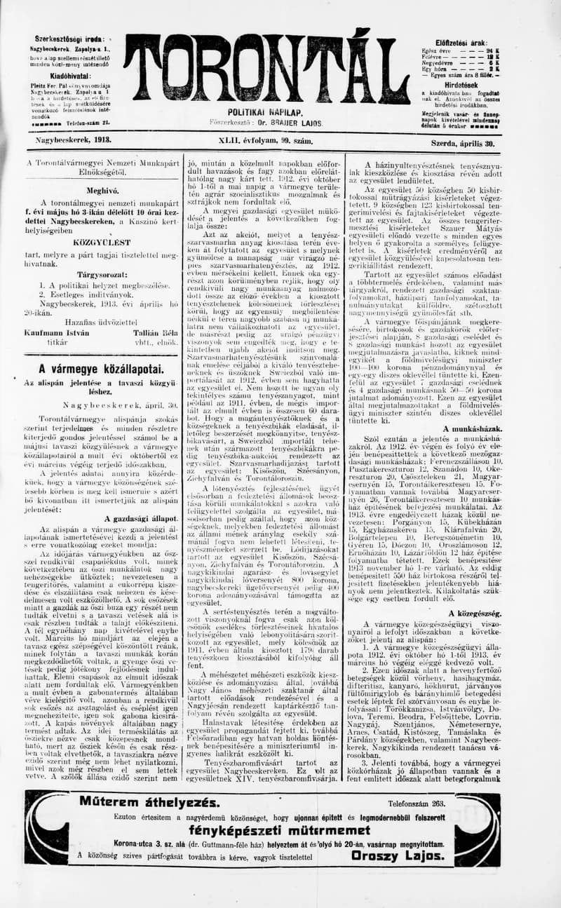 Torontál, 42. évf. 1913. április 30. 99. sz.