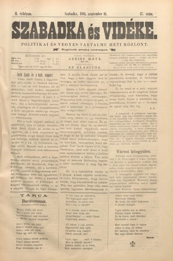 Szabadka és vidéke II, 2. évf. 1894. szeptember 16. 37. sz.