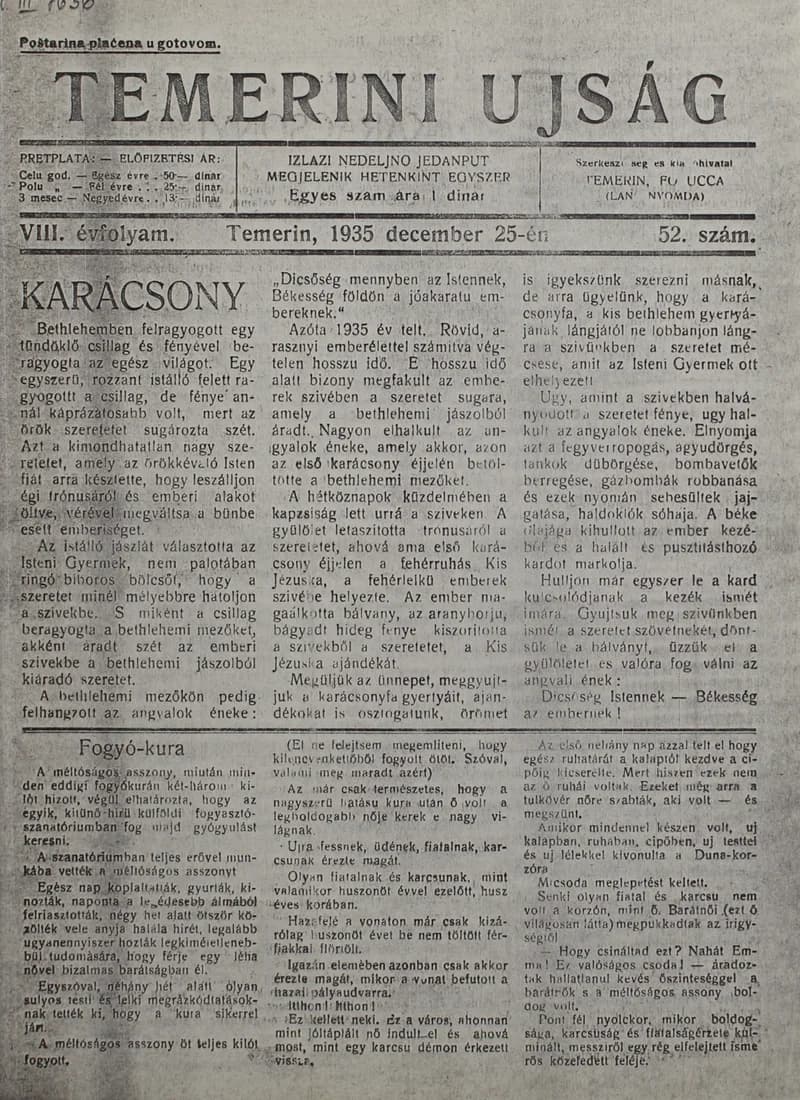 Temerini Újság 1928-1944, 8. évf. 1935. december 25. 52. sz.