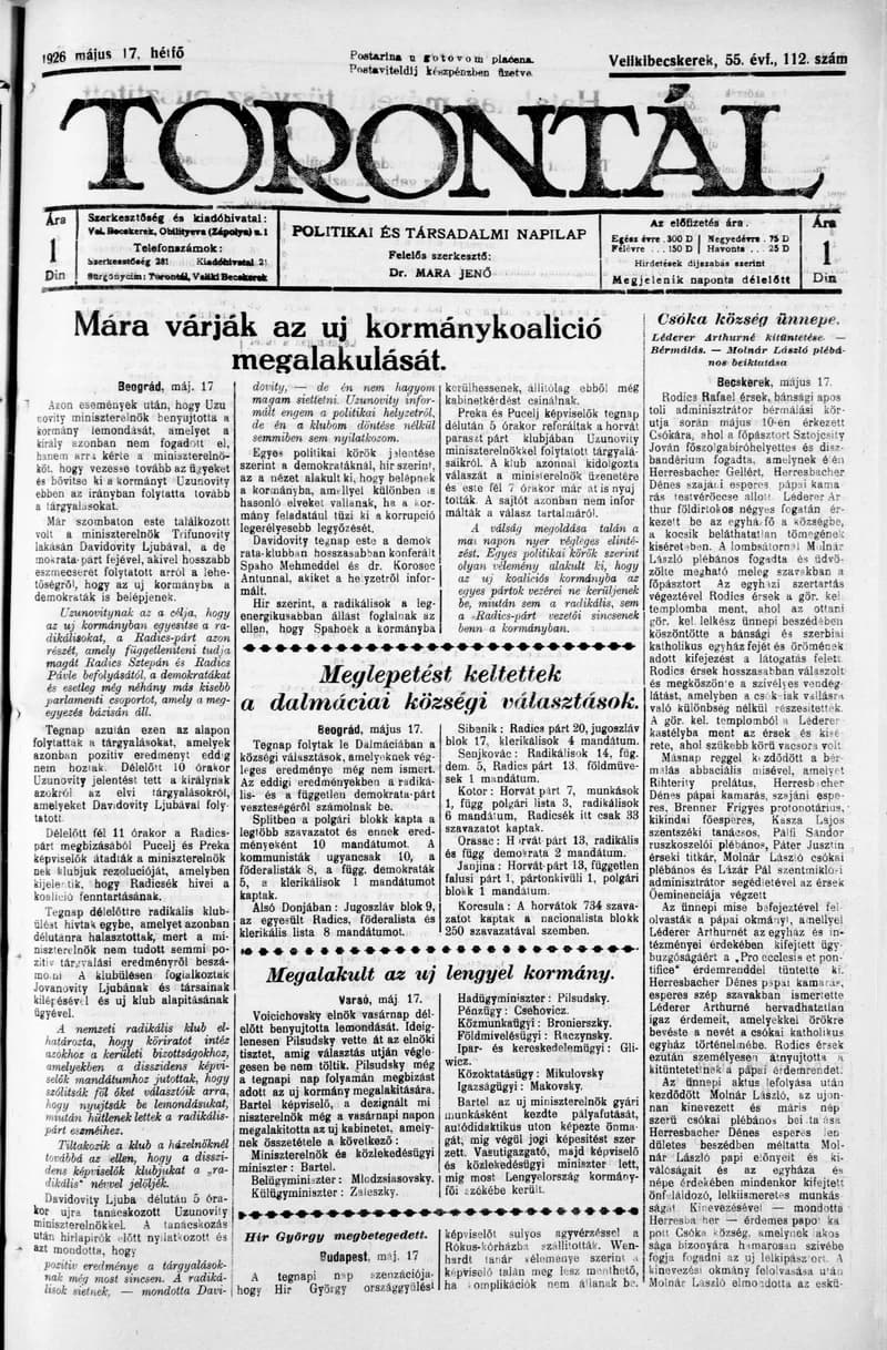 Torontál, 55. évf. 1926. május 17. 112. sz.