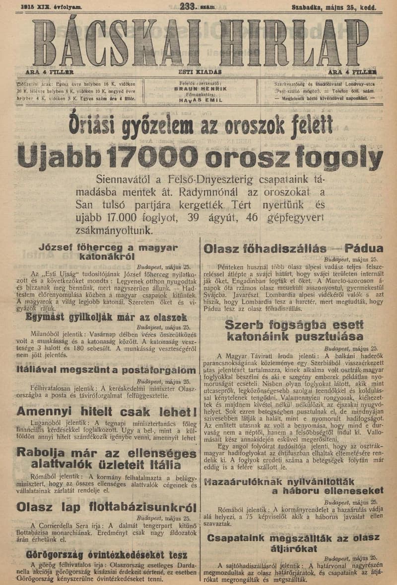 Bácskai Hirlap, 19. évf. 1915. május 25. 233. sz.