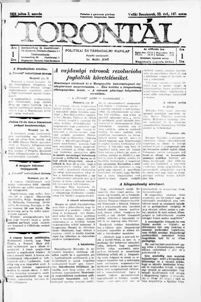 Torontál, 53. évf. 1924. július 2. 147. sz.