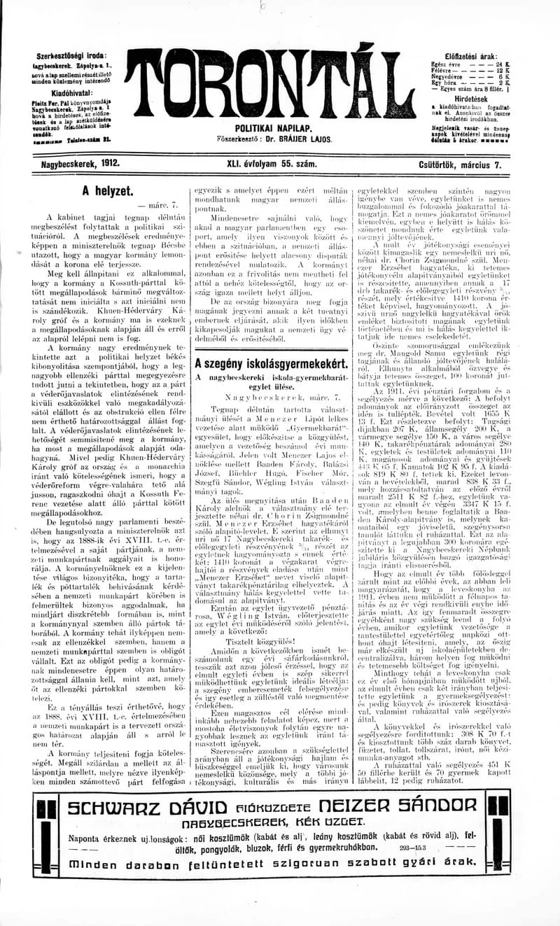 Torontál, 41. évf. 1912. március 7. 55. sz.