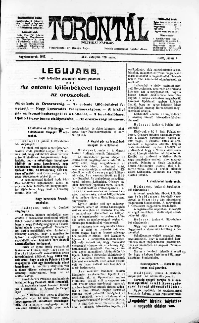 Torontál, 46. évf. 1917. június 4. 126. sz.