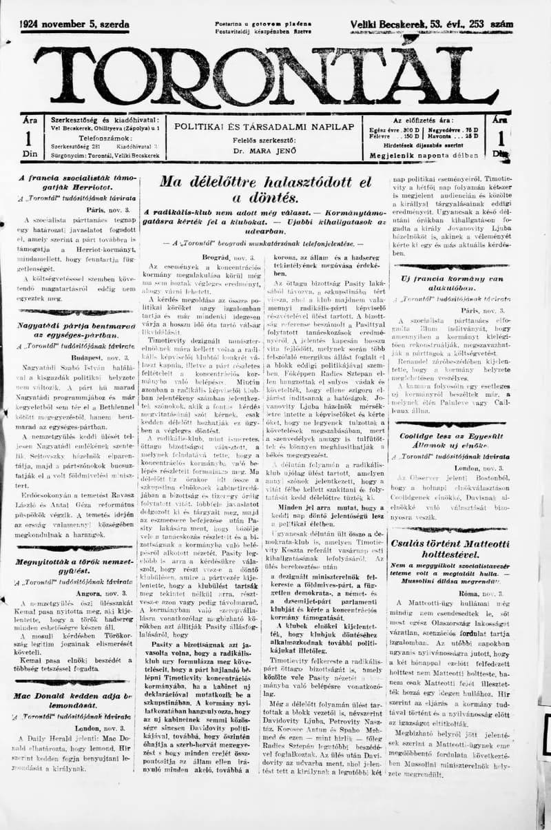 Torontál, 53. évf. 1924. november 5. 253. sz.