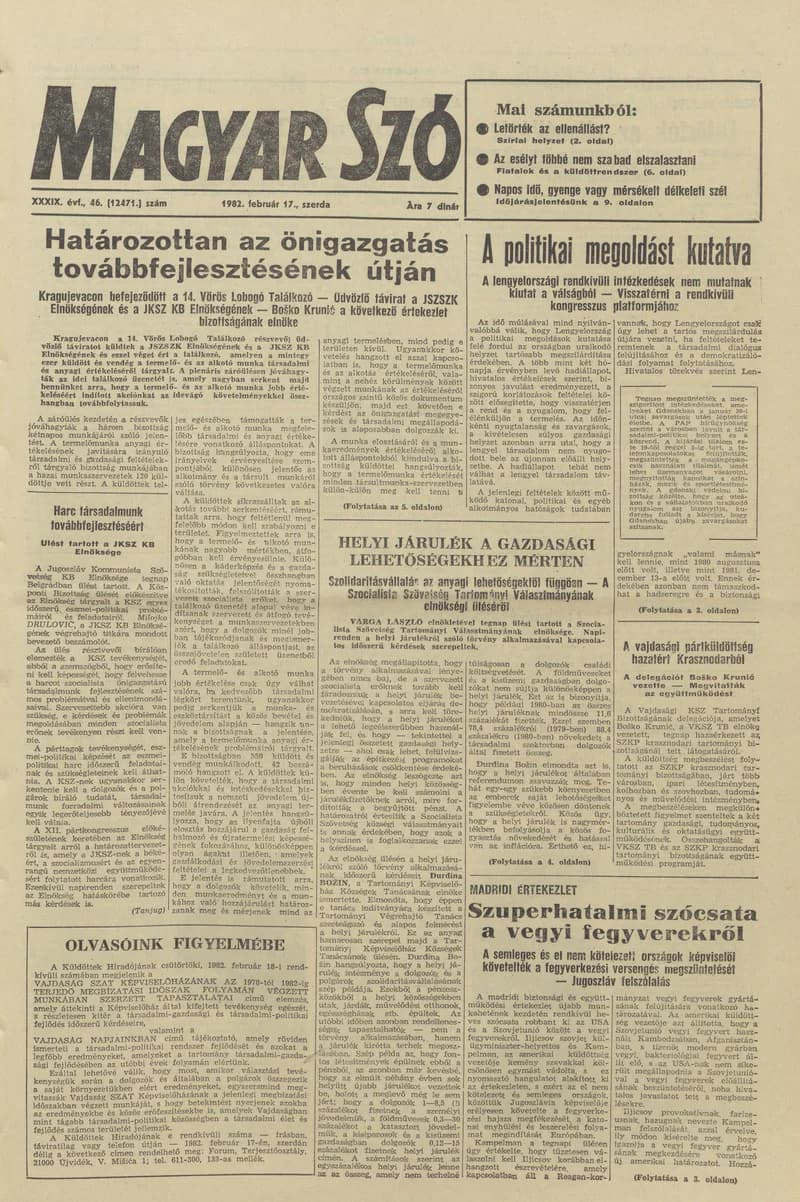 Magyar Szó, 39. évf. 1982. február 17. 46. sz. 1–20. oldal