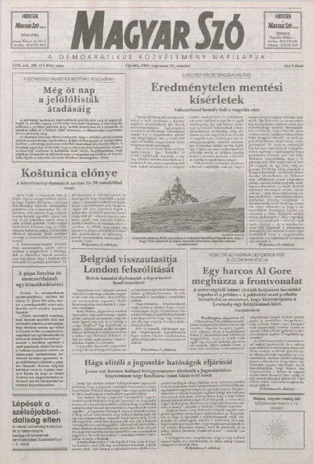 Magyar Szó, 57. évf. 2000. augusztus 19. 195. sz. 1–16. oldal